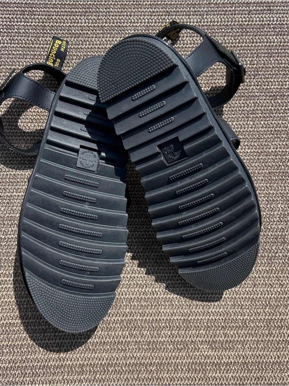 Dr. Martens Black Leather Multi-Strap Sandals with Yellow Stitching